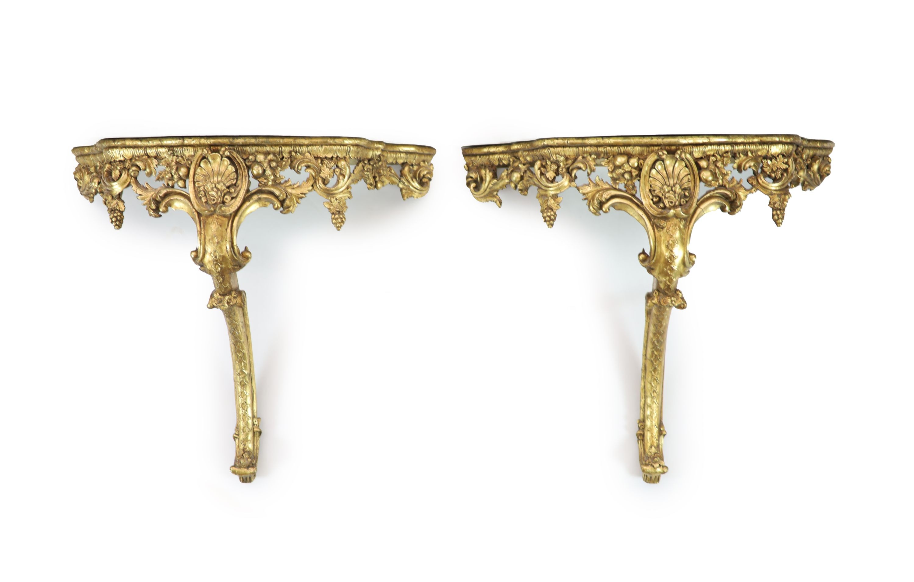 A pair of Louis XV style carved giltwood console tables H 84cm. W 98cm. D 42cm.